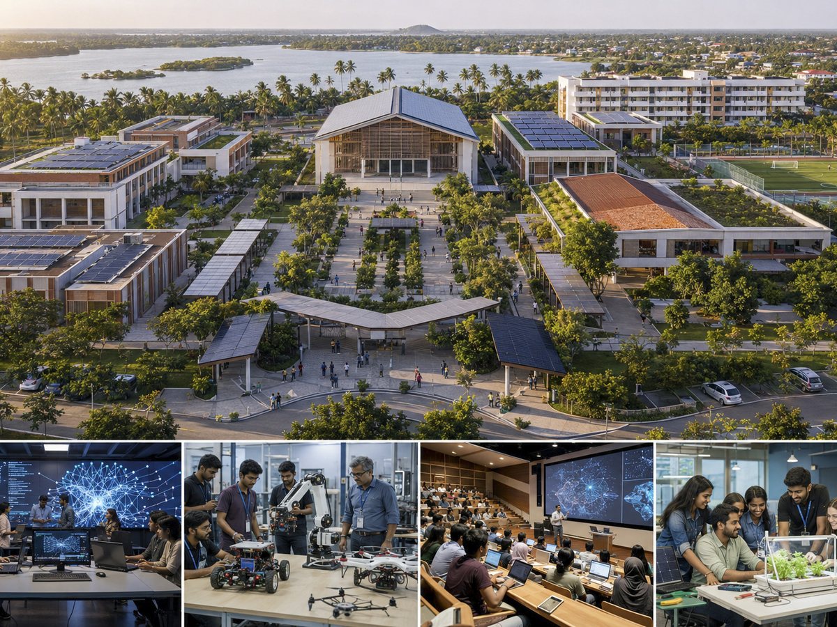 University campus buildings with students working on robotics projects