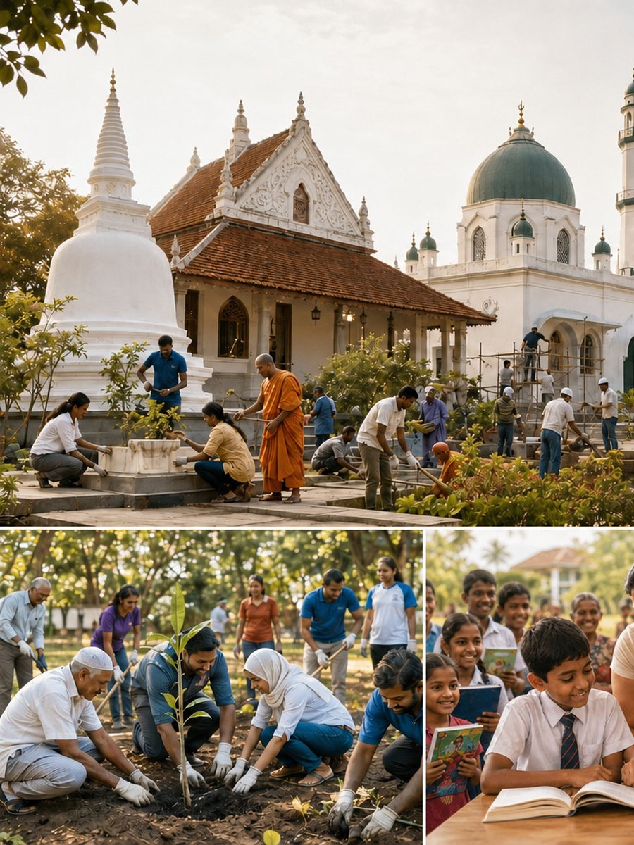Volunteers restoring a Buddhist temple and mosque